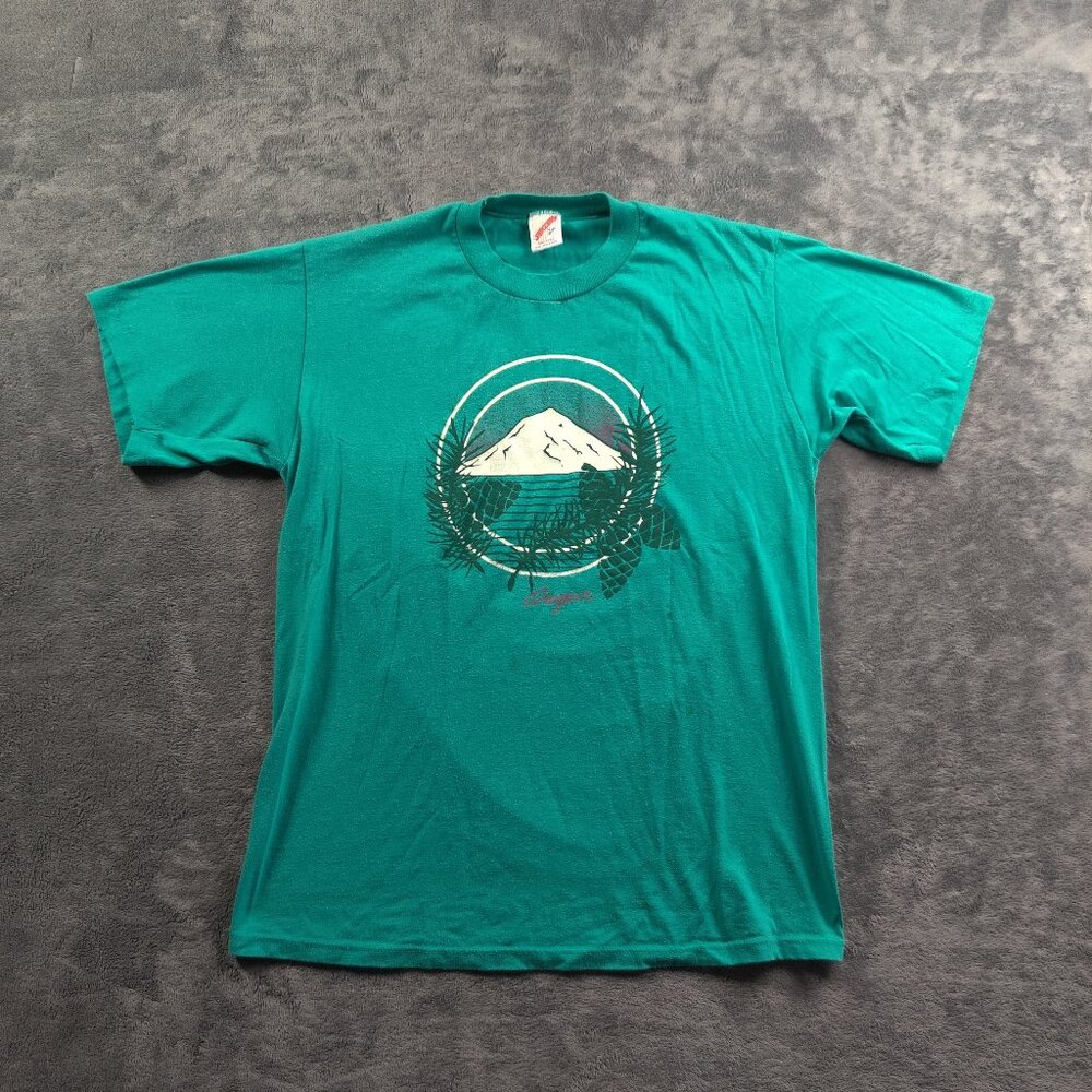 VINTAGE Nature Shirt Men Large Blue Green Teal Short Sleeve Oregon Single Stitch